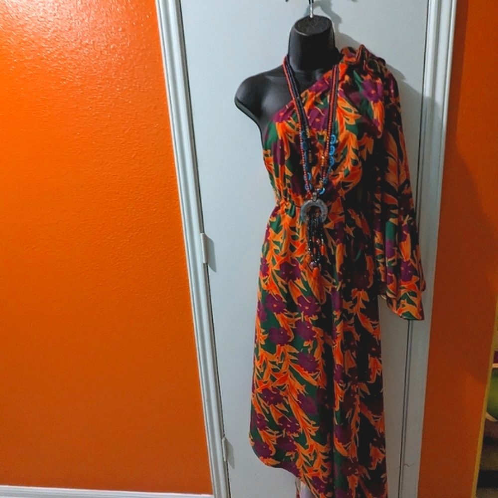One Shoulder Exotic Floral Dress